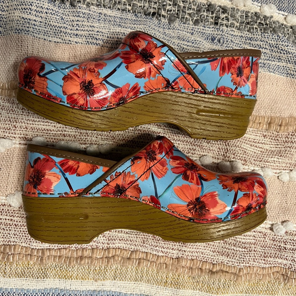 Dansko Red and Blue Mules with Floral Design